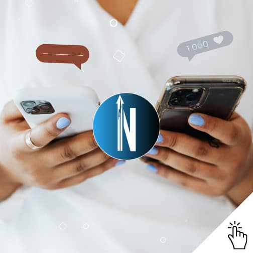 Two smartphones held by a human. Both smartphones have notification bubbles above them displaying the number of reactions relating to social media